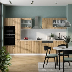 Küchenzeile R-Line Artisan Eiche/Weiß 350 cm mit Hochschrank, AP Marmor livinity®