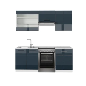 Küchenzeile Fame-Line Dunkelblau Hochglanz/Weiß 200 cm , AP Marmor Vicco