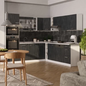 Einbauküche in L-Form R-Line Schwarz Beton/Weiß 247 x 237 cm ohne Arbeitsplatte livinity®