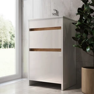 Waschbeckenunterschrank Detmold Weiß Hochglanz/Goldkraft Eiche 2 Teile, mit Waschbecken und 2 Schubladen livinity®