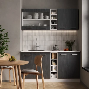 Singleküche R-Line Schwarz Beton/Weiß 160 cm ohne Arbeitsplatte livinity®