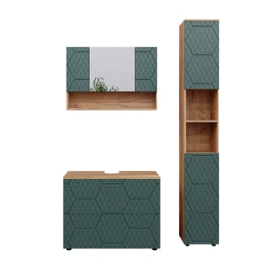 Kylpyhuonekalustesarja Irma Vihreä/Goldkraft Oak 3 osaa, peilikaappi 80 cm Vicco