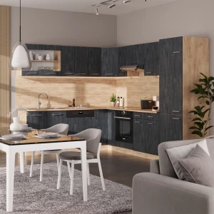 Eckküche R-Line Schwarz Beton/Goldkraft Eiche 287 x 227 cm AP Eiche livinity®