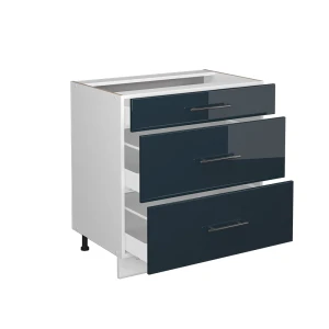 Küchenunterschrank Fame-Line Dunkelblau Hochglanz 80 cm mit 3 Schubladen, ohne Arbeitsplatte livinity®