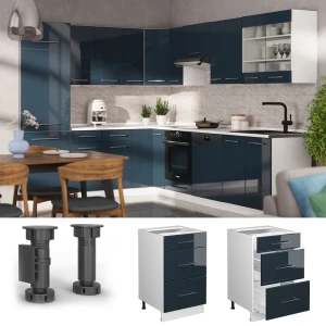 Küchenunterschrank Fame-Line Dunkelblau Hochglanz 50 cm , AP Marmor livinity®