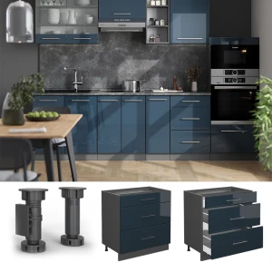 Küchenunterschrank Fame-Line Dunkelblau Hochglanz 80 cm mit 3 Schubladen, AP Marmor livinity®