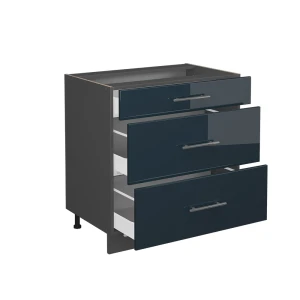 Küchenunterschrank Fame-Line Dunkelblau Hochglanz 80 cm mit 3 Schubladen, ohne Arbeitsplatte livinity®
