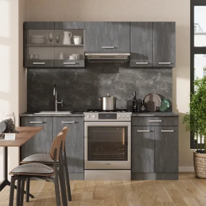 Küchenzeile R-Line Schwarz Beton/Anthrazit 200 cm AP Eiche livinity®