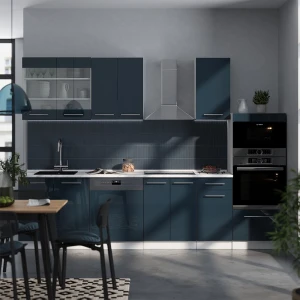 Küchenzeile Fame-Line Dunkelblau Hochglanz/Weiß 300 cm mit Hochschrank, ohne Arbeitsplatte livinity®