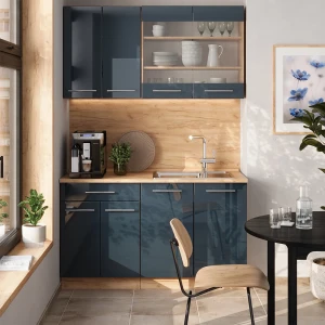 Küchenzeile Fame-Line Dunkelblau Hochglanz/Goldkraft Eiche 140 cm ohne Arbeitsplatte livinity®