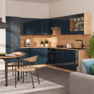 Eckküche Fame-Line Dunkelblau Hochglanz/Goldkraft Eiche 287 x 227 cm, AP Anthrazit livinity®