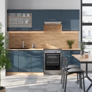 Küchenzeile Fame-Line Dunkelblau Hochglanz/Goldkraft Eiche 240 cm , AP Anthrazit livinity®