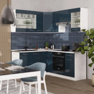 Eckküche Fame-Line Dunkelblau Hochglanz/Weiß 190 x 160 cm ohne Arbeitsplatte livinity®