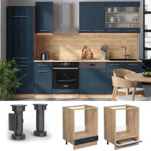 Herdumbauschrank Fame-Line Dunkelblau Hochglanz 60 cm , AP Marmor livinity®