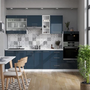Küchenzeile Fame-Line Dunkelblau Hochglanz/Weiß 280 cm , AP Marmor livinity®