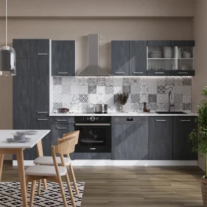 Küchenzeile R-Line Schwarz Beton/Weiß 300 cm AP Marmor livinity®
