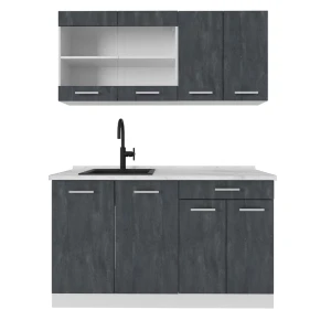 Pojedyncza kuchnia R-Line Czarny beton/biały 140 cm BP Marmur Vicco
