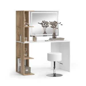 Makeupbord Tower Hvid/Sonoma 122.2 cm med LED-spejl og skammel Vicco