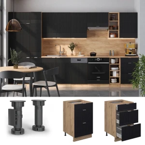 Küchenunterschrank Fame-Line Schwarz gestreift 50 cm , AP Eiche livinity®