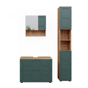 Badmöbel-Set Irma Grün/Goldkraft Eiche 3 Teile, mit Schubladenschrank und Hochschrank Vicco