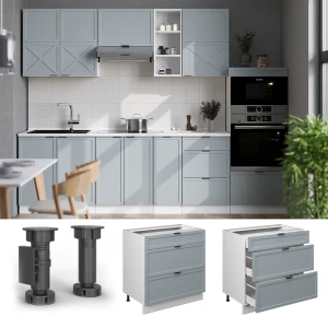 Küchenunterschrank Fame-Line Hellblau-grau 80 cm mit 3 Schubladen, AP Eiche livinity®