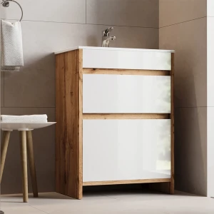 Waschbeckenunterschrank Detmold Goldkraft Eiche 2 Teile, Unterschrank 60 cm livinity®