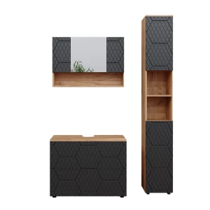 Meubles bain Irma Anthracite avec structure en nid d'abeille 3 pièces, avec armoire de toilette 80 cm Vicco
