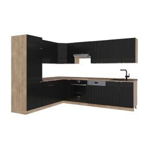 Cuisine en angle Fame-Line Noir rayé/Chêne doré 227x60cm , PT Chêne Vicco