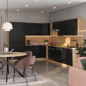 Eckküche Fame-Line Schwarz gestreift/Goldkraft Eiche 347 x 257 cm, AP Anthrazit livinity®