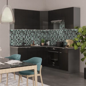Eckküche Fame-Line Schwarz gestreift/Anthrazit 190 x 160 cm, AP Marmor livinity®