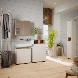 Badmöbel-Set Didi Weiß/Artisan 4 Teile, mit Hochschrank und Midischrank mit Türen livinity®