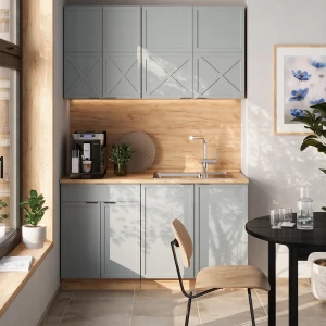 Singleküche Fame-Line Hellblau-grau/Goldkraft Eiche 140 cm , AP Marmor livinity®