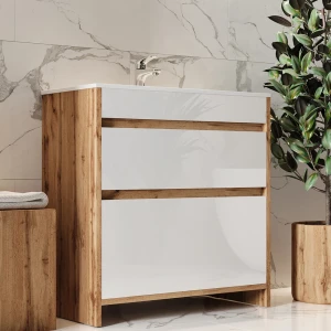 Waschbeckenunterschrank Detmold Goldkraft Eiche 2 Teile, Unterschrank 80 cm livinity®