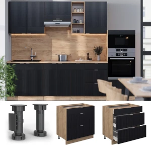 Küchenunterschrank Fame-Line Schwarz gestreift 80 cm mit 3 Schubladen, AP Eiche livinity®