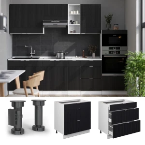 Küchenunterschrank Fame-Line Schwarz gestreift 80 cm mit 3 Schubladen, AP Marmor livinity®