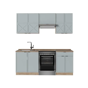 Cuisine Fame-Line Bleu clair-gris/chêne force d'or 200cm , PT Chêne Vicco