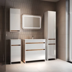 Badmöbel-Set Detmold Weiß Hochglanz/Goldkraft Eiche 5er-Set livinity®