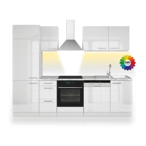 Køkkenrække Optima Hvid højglans/hvid 270 cm uden bordplade med LED-strip Vicco