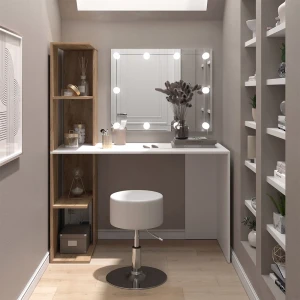Schminktisch Tower Weiß/Sonoma 122.2 cm mit Beleuchtung und Hocker livinity®