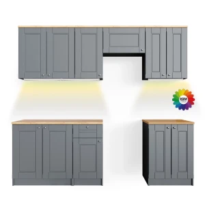 Køkkenrække Bergamo Ædel grå 240 cm med Goldkraft med LED-strip Vicco