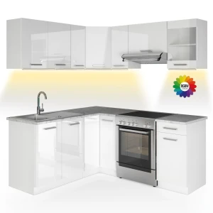 Hjørnekøkken Rick Hvid højglans/hvid 187 x 60 cm med bordplade med LED-strip Vicco