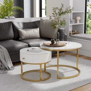 Couchtisch-Set  Madrid Marmor Weiß 70 x 70 cm , kleiner Tisch mit Schublade livinity®