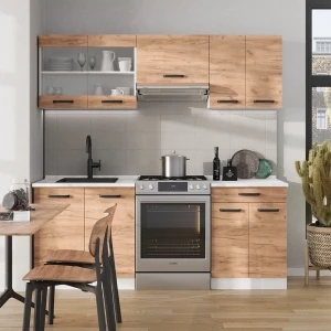 Küchenzeile R-Line Goldkraft Eiche/Weiß 200 cm AP Marmor livinity®