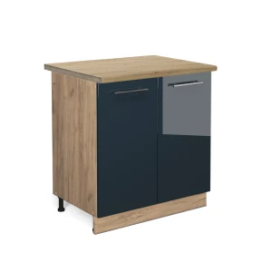 Meuble bas sous-évier Fame-Line Bleu foncé brillant 80cm , PT Chêne Vicco
