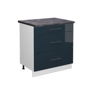 Meuble cuisine Fame-Line Bleu foncé brillant 80cm avec 3 tiroirs, PT Anthracite Vicco