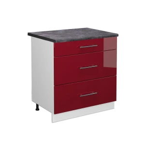 Küchenunterschrank Fame-Line Bordeaux Hochglanz 80 cm mit 3 Schubladen, AP Anthrazit Vicco