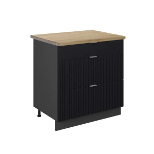 Küchenunterschrank Fame-Line Schwarz gestreift 80 cm mit 3 Schubladen, AP Eiche Vicco