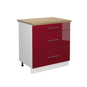 Küchenunterschrank Fame-Line Bordeaux Hochglanz 80 cm mit 3 Schubladen, AP Eiche Vicco