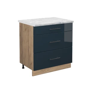 Küchenunterschrank Fame-Line Dunkelblau Hochglanz 80 cm mit 3 Schubladen, AP Marmor Vicco