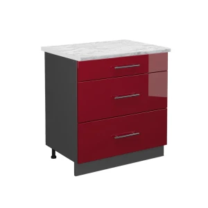 Küchenunterschrank Fame-Line Bordeaux Hochglanz 80 cm mit 3 Schubladen, AP Marmor Vicco